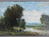 peinture d'un paysage avec une rivière et des arbres au premier plan