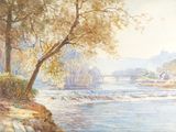 une photo d'un tableau représentant une rivière avec un pont en arrière-plan