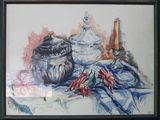 a painting of a still life with a vase and a candle