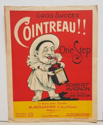 une affiche représentant un clown tenant une bouteille de vin