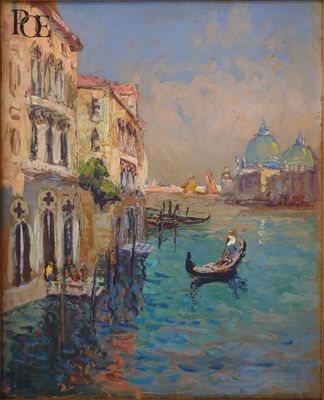 une peinture à l'huile représentant une gondole sur un canal, avec des bâtiments en arrière-plan
