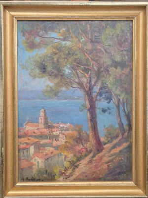 une peinture à l'huile représentant une vue d'une ville avec des arbres et de l'eau
