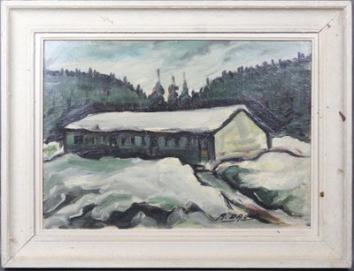 une peinture à l'huile représentant une grange sous la neige, avec des arbres en arrière-plan
