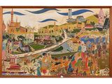 une image représentant un tableau d'une ville avec des personnages et des bâtiments
