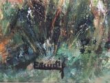 a painting of a bench in the middle of a field
