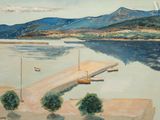 un tableau représentant un bateau amarré à un quai