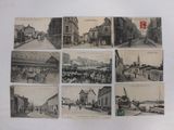 several old black and white photographs of a town street