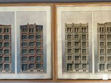 two framed pictures of a building on the wall