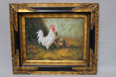 painting of a rooster and a chicken in a golden frame