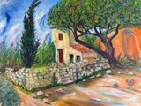 an oil painting of a house and a tree on a hill