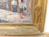 a painting of a man and a woman walking down the street