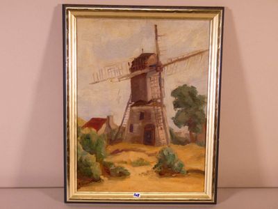 an oil painting of a windmill on a shelf next to a wall