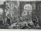 illustration of a group of people in a courtyard with a man holding a sword