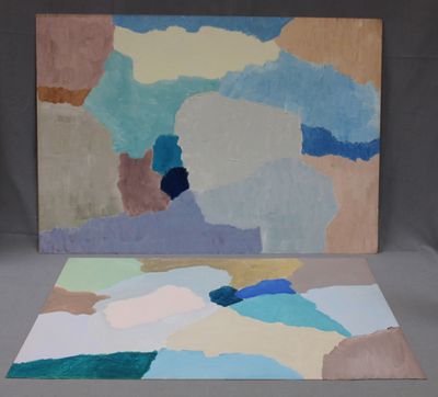 a painting of a painting of a sky and clouds on a white surface