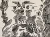 an image of a black and white drawing of a cat and a bird