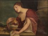 a painting of a woman holding a bowl of water
