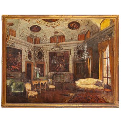tableau représentant un salon avec un canapé, des fauteuils et un lustre