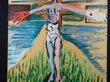 un tableau représentant une personne sur une croix dans un champ