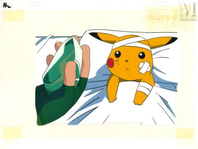 cartoon of a person laying in bed with a bandage on their head and a pikachu laying on a pillow