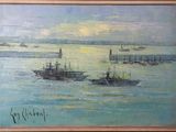 a painting of boats in the water with a sky background