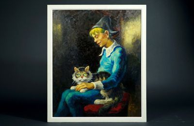 tableau représentant une femme avec un chat sur les genoux