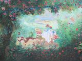 un tableau représentant une femme assise à une table dans un jardin