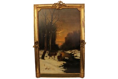 une peinture à l'huile représentant des cerfs dans un paysage enneigé au bord d'un ruisseau
