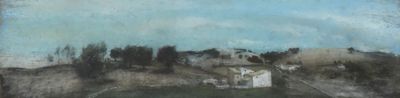 une peinture à l'huile représentant une maison sur une colline, avec le ciel en arrière-plan