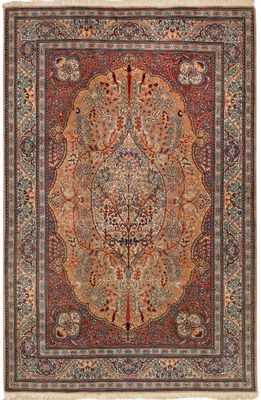 an antique persian rug with a medallion design on a red ground