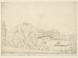 drawing of a view of a castle with a bridge over a river