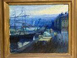 an oil painting of a harbor scene with ships in the water