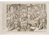 a drawing of a large group of people sitting around a table