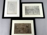 three framed drawings of people and a dog in a room