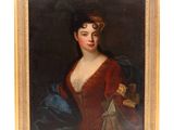 a painting of a woman in a red dress holding a fan
