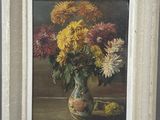 a painting of flowers in a vase on a table