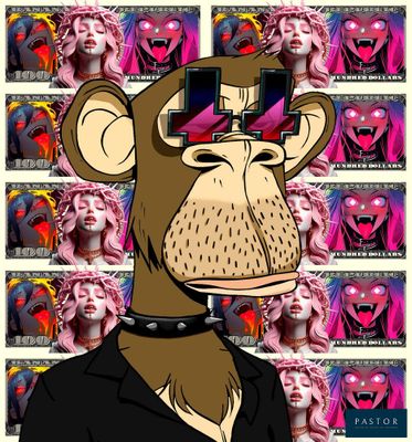 a cartoon monkey wearing sunglasses and a black shirt in front of a wall of pink hair