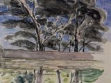 an image of a watercolor painting of trees in a field