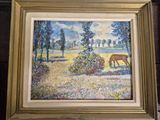 a picture of a painting of a horse grazing in a field