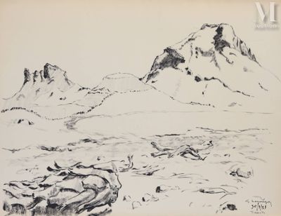 dessin représentant une chaîne de montagnes avec une rivière au premier plan