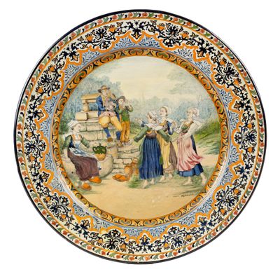 a plate with a painting on it of a group of people