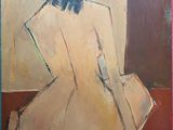 une peinture à l'huile représentant une femme nue assise sur une surface rouge