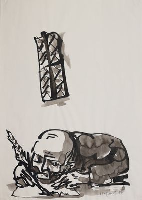 dessin représentant un panda endormi sur un lit, avec une fenêtre en arrière-plan