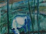 un tableau représentant un cheval blanc debout dans l'eau