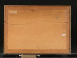 an image of a painting on a stand with a black background