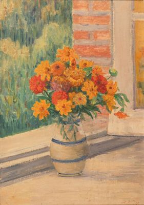 une peinture de fleurs dans un vase sur le rebord d'une fenêtre