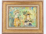 painting of two women with hats and a dog on a fence