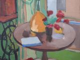 a painting of a table with a vase and flowers on it