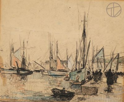 une image représentant un dessin d'un port avec des bateaux et des personnes