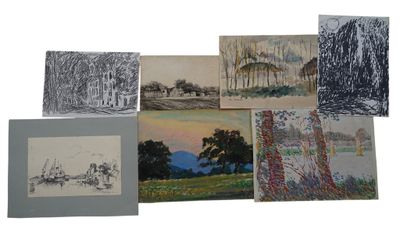 plusieurs dessins représentant des arbres et un champ, avec le ciel en arrière-plan