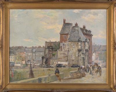 une image d'une peinture représentant une scène de rue avec une voiture à cheval